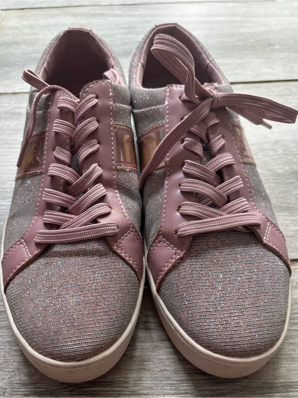 Michael Kors Pink Glitter Lace-Up Sneakers with Rose Gold Metallic Accent